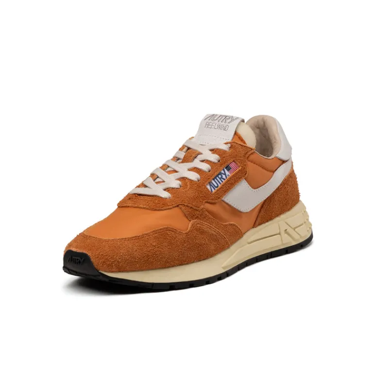 Autry Sneakers En Cuir|Chaussures De Running Retro*Reelwind Low *Nylon / Hairy Suede / Cracked Leather* White / Amber