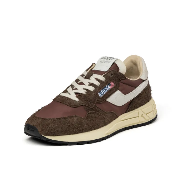 Autry Sneakers En Cuir|Chaussures De Running Retro*Reelwind Low *Nylon / Hairy Suede / Cracked Leather* White / Ebony