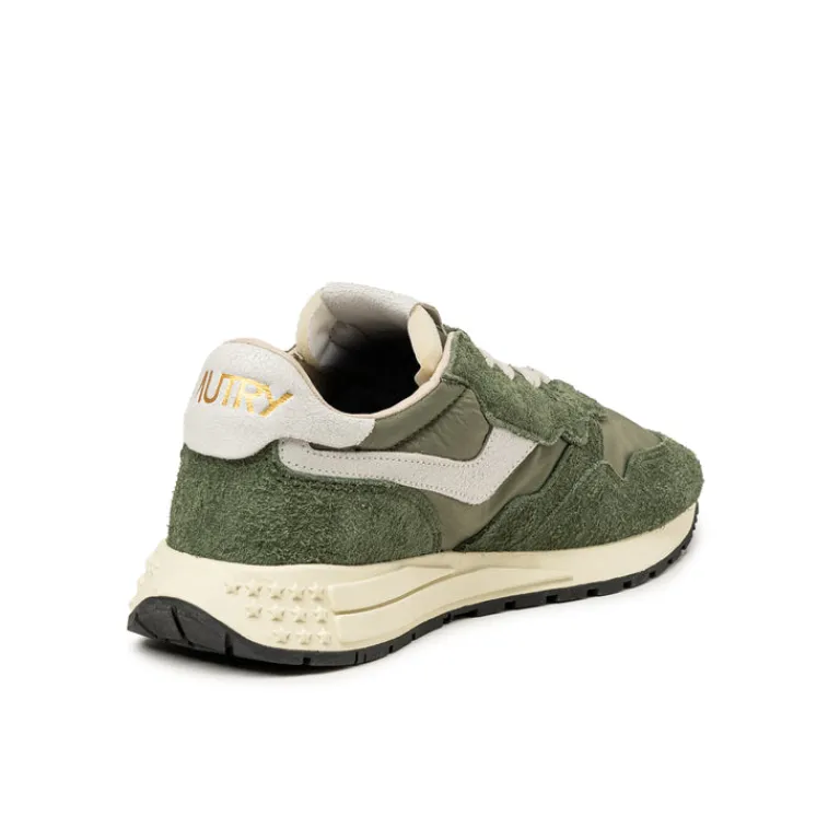 Autry Sneakers En Cuir|Chaussures De Running Retro*Reelwind Low *Nylon / Hairy Suede / Cracked Leather* White / Military
