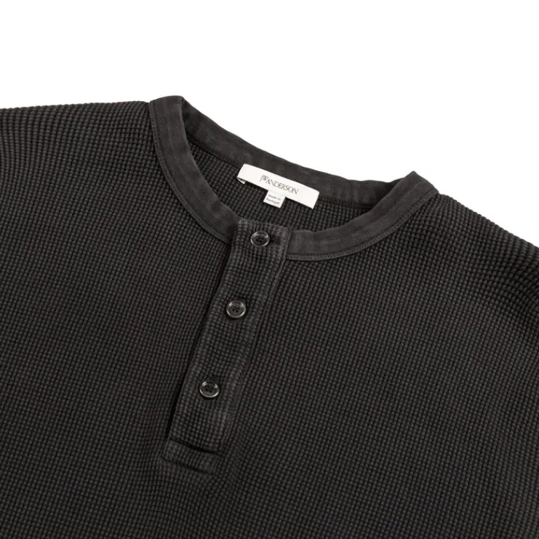 JW Anderson T-Shirts*Long Sleeve Waffle Henley Top Washed Black