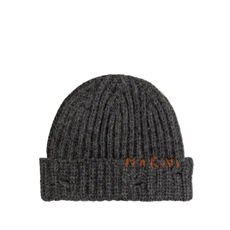 Marni Alle Anzeigen|Beanies*Ribbed Beanie Whit Hand Stitched Logo Granit